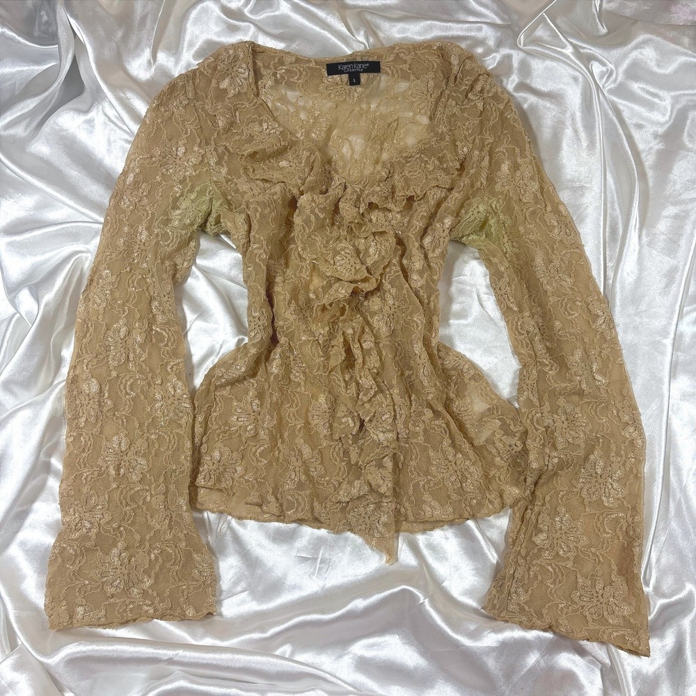 Vintage Karen Kane Lace Blouse Tan Fair Ruffle Bell Sleeve Fairycore Top